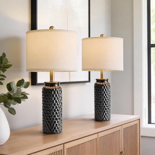 24" Modern Ceramic Black Bedside Lamp Set of 2 Table Lamp for Bedroom Decor Farmhouse Table Lamp for Living Room Office Dorm (2 Count)