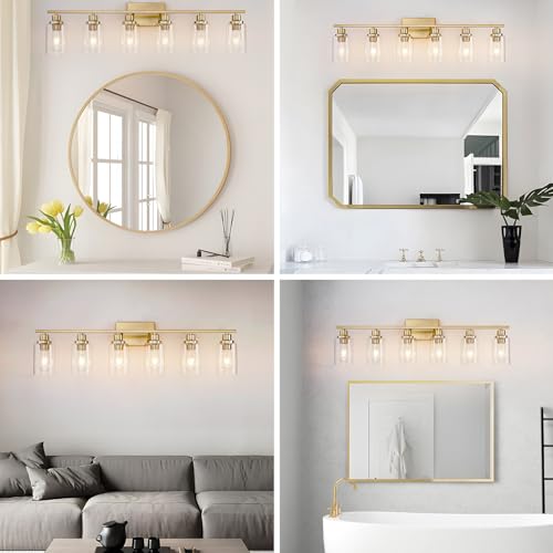 6 Light Gold Bathroom Light Fixtures Brushed Brass Vanity Light Over Mirror Modern Wall Lighting Sconces Wall Lamp for Bathroom