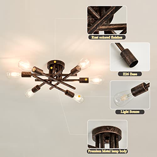 6 Lights Semi Flush Mount Ceiling Light Fixture Vintage Modern Bronze Matte Sputnik Chandelier Farmhouse Ceiling Lamp for Kitchen Bedroom Dining Room Living Room Entryway