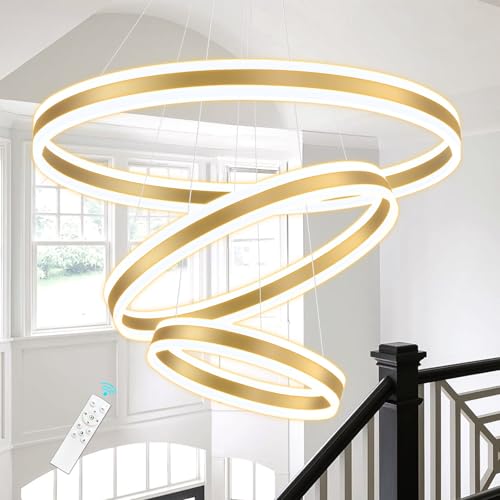 3 Rings Modern Chandelier for Dining Room Gold LED Dimmable Pendant Lightings for Kitchen Island Adjustable Height Flush Mount Ceiling Lighting for Living Room Foyer Hallways 3000K (3 Count)
