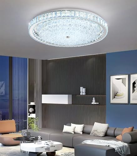 24" Modern Crystal Chandelier Dimmable LED Flush Mount Ceiling Light with Remote Control for Bedroom Hallway Dining Room Silver