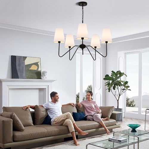 5-Arm Chandelier, 30" Modern Pendant Light with White Shade | Height Adjustable, E12 Bulb Base, Ideal for Kitchen Island Dining Room Over Table Living Room