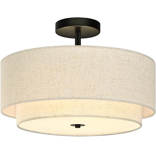 3 Light Semi Flush Mount Ceiling Light Fixture 15.7 Inch Modern Black Drum Ceiling Light Fixture with 2