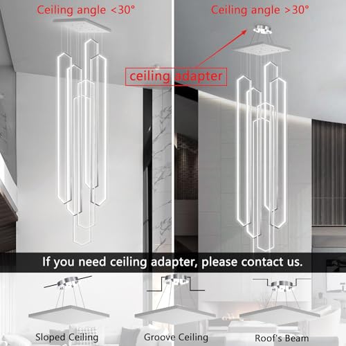 6 Rings Large Chandelier for Staircase Modern High Ceiling Chandelier LED Dimmable Chandeliers for Foyer Staircase Foyer Enterway Living Room Villa Silver
