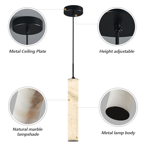 Natural Alabaster Pendant Lights for Kitchen Island White Marble Long Tube Chandelier 4000K Modern Black Ceiling Light Fixtures for Bedroom Dining Room Table Living Room Hallway (3 Count)