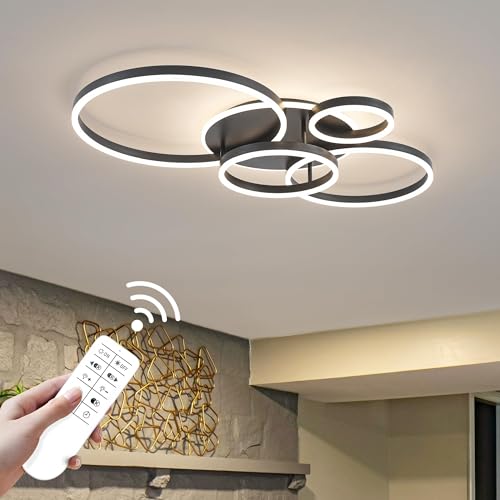 Flush Mount Modern Ceiling Light Black Led Modern Light Fixtures Ceiling Mount Lights 4 Rings Led Chandelier Lamp Fixture with Remote for Living Room Kitchen Dining Room Bedroom