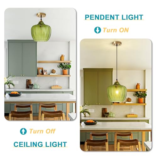 Green Glass Pendant Lights Kitchen Island Gold Hanging Ceiling Light 9.45"