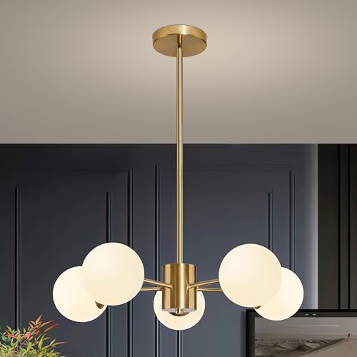 5 Light Globe Sputnik Chandelier Mid Century Sputnik Chandeliers Modern Gold Globe Pendant Light Brushed Brass Finished with White Frosted Glass Lampshade for Dining Room Bedroom Kitchen