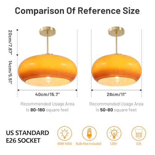 Large Glass Semi Flush Mount Ceiling Light 15.7″Dome Orange Shade