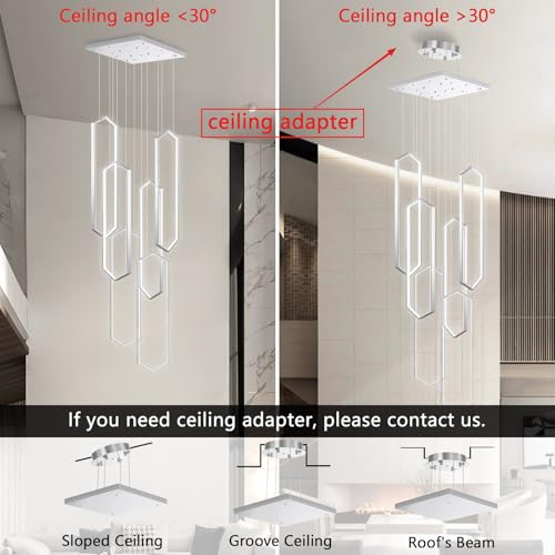 6 Rings Modern Chandelier LED Dimmable Long Large High Ceiling Chandelier Adjust Flush Mount Ceiling Light for Foyer Lobby Living Room Staircaes Sliver (6 Count)