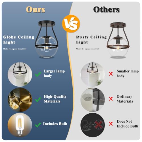 8 Inch Mid Century Ceiling Light Modern Black Semi Flush Mount Ceiling Light with Clear Glass Shade Globe Semi Flush Mount Ceiling Light Fixture for Bedroom Hallway Bathroom Foyer