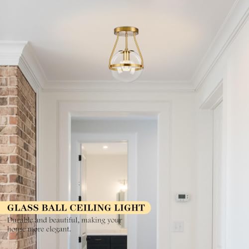 6" Globe Semi Flush Mount Ceiling Light Fixture Modern Gold Semi Flush Mount Ceiling Light Mid Century Ceiling Light with Clear Glass Shade Brass Finish for Hallway Bathroom Foyer