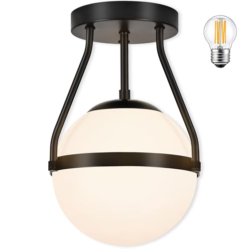 Globe Semi Flush Mount Ceiling Light Mid Century Modern 6" Globe Ceiling Light Fixture with Milk Glass Shade Black Finish for Living Room Hallway Kitchen Island Dining Room Laundry