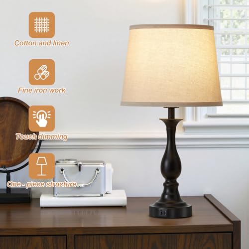 Bedside Table Lamp Touch Control Bedroom Lamps with USB A and C Charging Port 3 Way Dimmable Touch Lamps for Nightstand Living Room Bedroom Dorm Home Office Reading (2 Count)