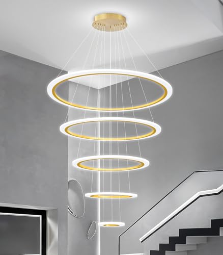 Modern LED Dimmable Chandelier 5 Ring High Ceiling Large Chandelier for Living Room Hanging Light Fixture for Foyer Staircase Gold