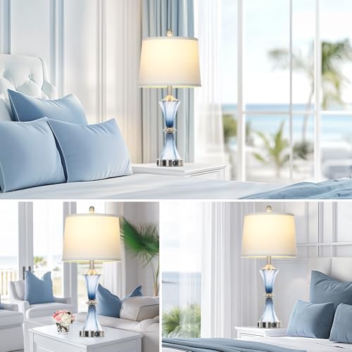 Blue Glass Table Lamp with USB C+A Ports & AC Outlet