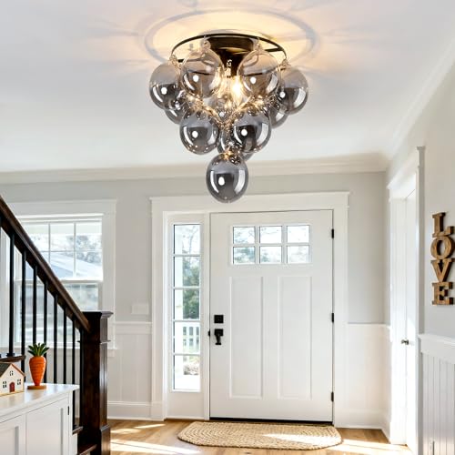 Modern Sputnik Ceiling Light Fixture 2 Light Flush Mount Chandelier with 11 Glass Globe Black Dining Room Light Fixture for Living Room Master Bedroom Kitchen Farmhouse