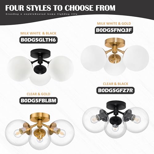 3 Light Mid Century Modern Black Semi Flush Mount Ceiling Light Milk Glass Globe Ceiling Lights Black Chandelier 3 Light Sputnik Ceilings Light Fixture for Bedroom Living Room Hallway Entryway