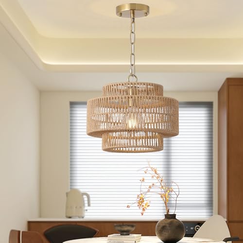 12.4" Boho Rattan Farmhouse Chandeliers for Dining Room