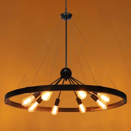 38.2'' Large Black Wagon Wheel Chandelier for Dining Room