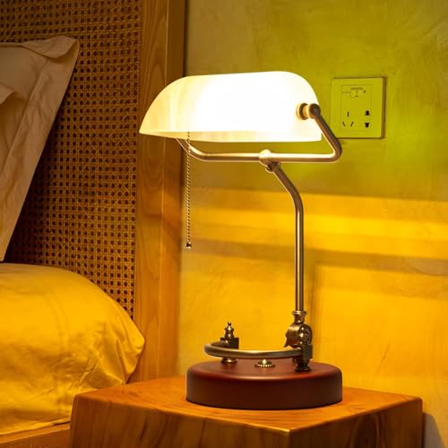 Bankers Lamp Traditional White Glass Desk Lamp Solid Wood Pull Chain Switch