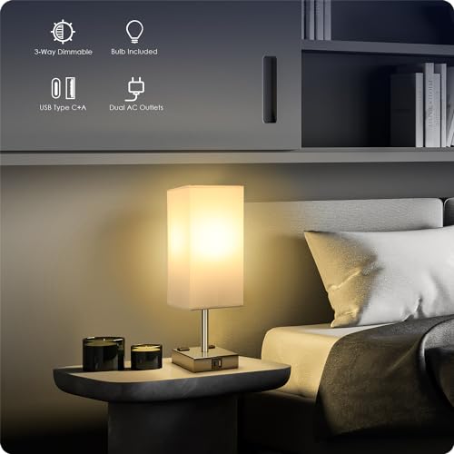 Set of 2 Bedside Table Lamp 3 Way Dimmable Nightstand Lamp with USB C & USB A Charging Port (2 Count)
