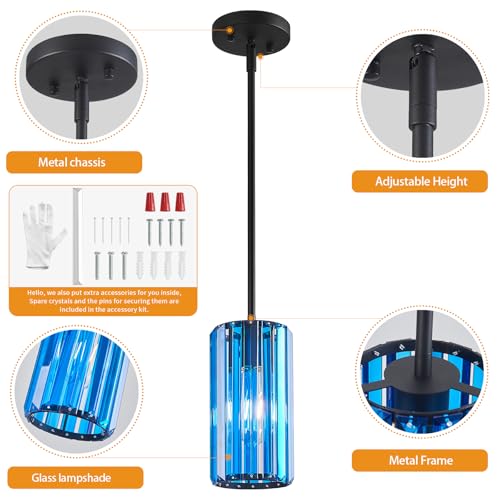 Modern Crystal Pendant Light Mini Dark Blue Chandeliers Adjustable Pendant Lights Fixture for Kitchen Island Dinning Room Corridor Bedroom (3 Count)