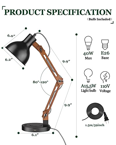 Modern Sapele Wood Desk Lamp with Upgraded Wireless Charger & USB C Charging Port Swing Arm Table Lamp Bedside Reading Task Light for Dorm Office Bedroom Living Room LED Bulb Included Black