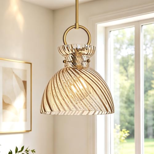 Gold Pendant Light Kitchen Island 9.84'' Striped Amber Glass Shade (2 Count)