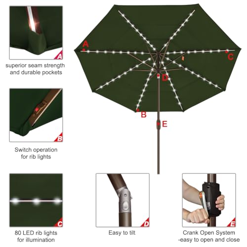 USA 10-Year-Non-Fading 9ft 3-Tier Market Patio Umbrella, Commercial Table Umbrella with 80 Solar LED Lights, Crank Open, Windproof & UPF 50+ UV Protection for Garden, Deck, Pool, Backyard, Fern