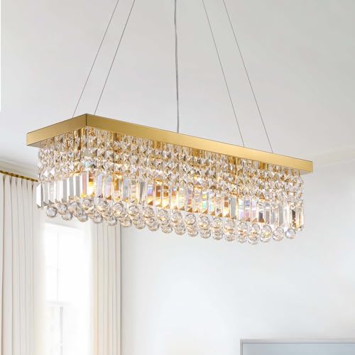Modern Gold Crystal Chandelier Rectangle Chandeliers for Dining Room Rectangular Pendant Lighting Fixture for Kitchen Island Bedroom L31.5'' x W10'' x H10''