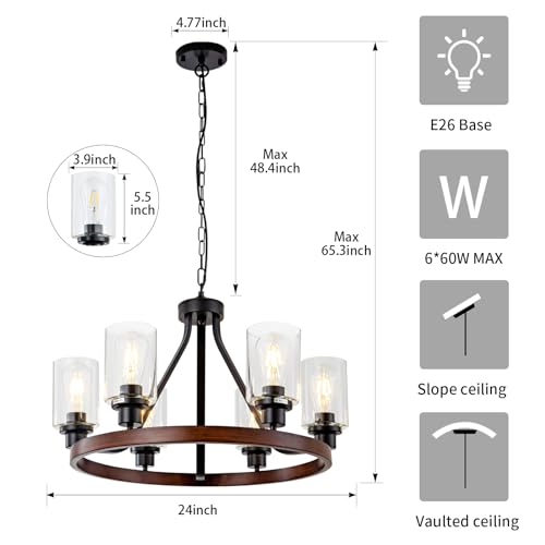 6 Light Farmhose Chandelier for Dining Room Light Fixture Faux Wood Kitchen Pendant Light Round Rustic Ceiling Hanging Lighting with Glass Globes Adjustable Height Metal E26