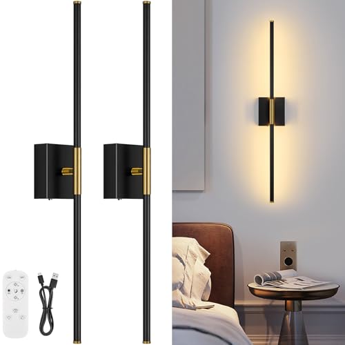 Wall Sconces Set of Two with Remote Control 29.1 in Dimmable Black Gold Battery Operated Wall Lights 350° Ratation 3000K (2 Count)