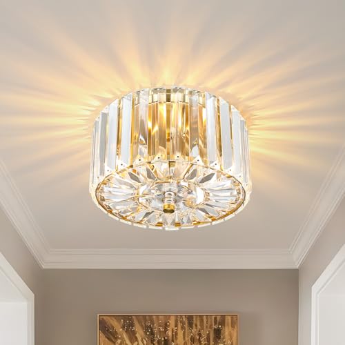 8.89-Inch 2-Light Gold Crystal Flush Mount Ceiling Light Fixture