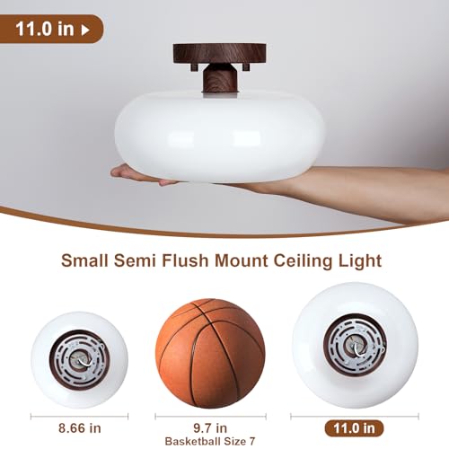 Mid Century Modern Faux Walnut Wood Semi Flush Ceiling Light 11.0 Inch