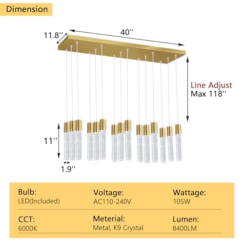 15 Lights Modern LED Pendant Lighting Fixture for Kitchen Island Crystal Chandelier Light Fixtures for Dining Room Living Room Gold