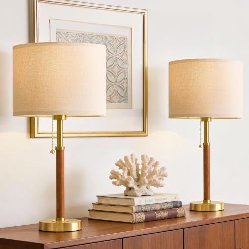 22" Wood Table Lamps Mid Century Modern Lamp for Bedroom Living Room (2 Count)