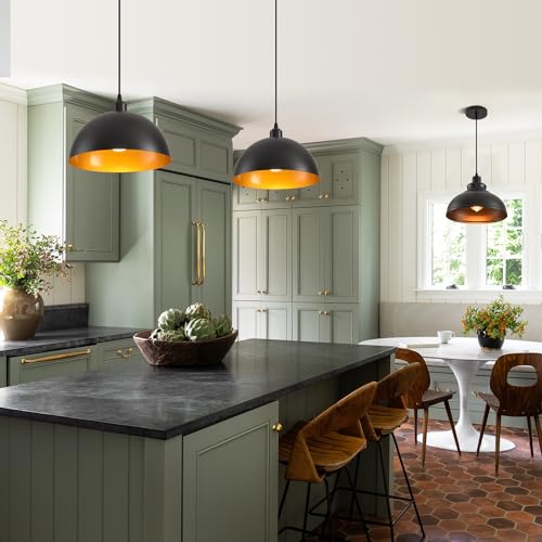Plug in Pendant Light 2 Pack Industrial Hanging Lamp with Golden Finish Inside Black Vintage Pendant Lighting Fixtures with 15ft Cord On (2 Count)
