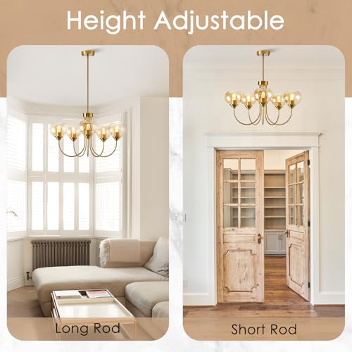 Mid Century Modern Globe Chandelier 5 Light Amber Glass Vintage Sputnik Chandeliers Gold Pendant Light Fixtures for Dining Room Kitchen Living Room Bedroom