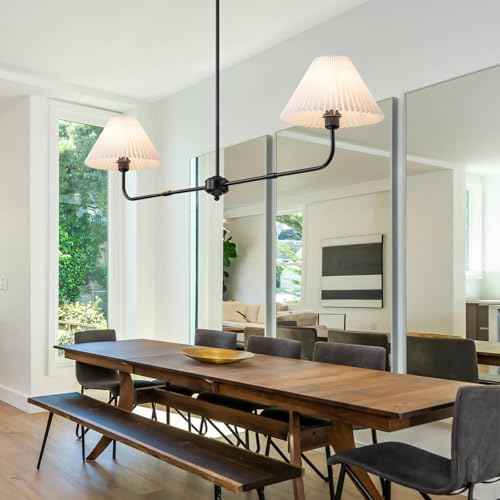 55" Black Modern Chandelier, 2-Light Linear Dining Room Light Fixture | White Fabric Shade, Classic Linear Lighting, Height Adjustable Lights for Living Room Bedroom