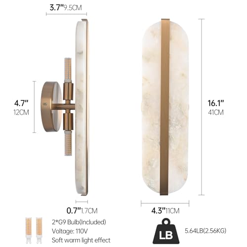 15.7" Natural Alabaster Wall Sconces Marble Wall Sconces Gold Bathroom Vanity Wall Light Fixtures Modern Oval Stone Wall Lamp for Bedroom Living Room Hallway Restaurant Stairs