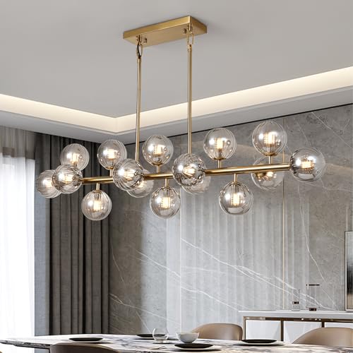 Brass Gold Rectangle Chandelier Modern Chandelier Smoke Grey Globe Glass Pendant Light Fixture Adjustable for Dining Living Room Kitchen Island Over Table 16