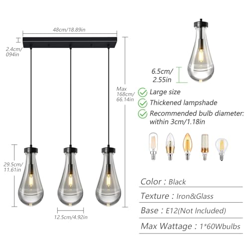 Raindrop Pendant Lights Kitchen Island Teardrop Black Hanging Light Fixtures Clear Solid Glass Pendant Light Modern Chandeliers for Dining Room Porch Corridor Living Room