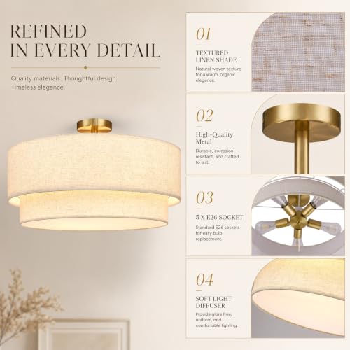 24 Inch Drum Flush Mount Ceiling Light Gold