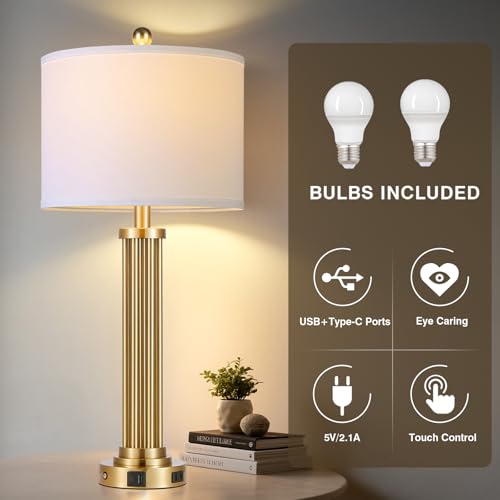 28" Tall Modern Table Lamp with USB C+A Ports and AC Outlet