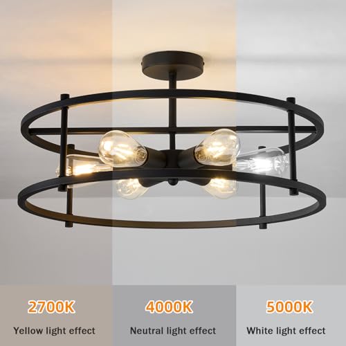 Large Semi Flush Mount Ceiling Light Fixture Black Cage Ceiling Light 6 Light Chandelier for Kitchen Dining Room Entryway Living Room Bedroom Foyer