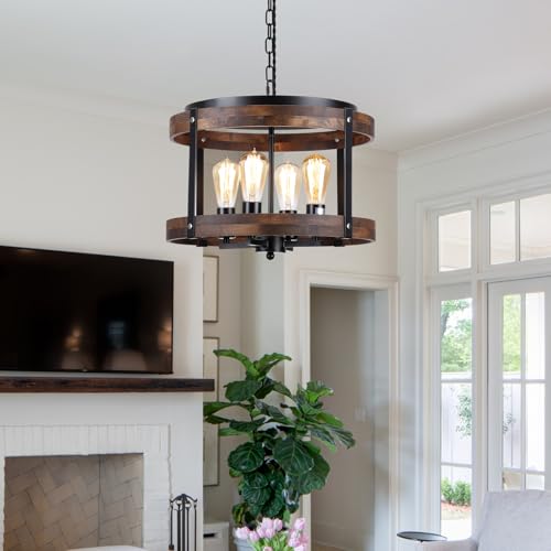 4 Light Large Rustic Farmhouse Wood Pendant Light Fixture with Adjustable Chain