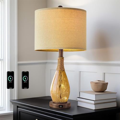 23" USB A+C Table Lamp for Bedroom Living Room Modern Bedside Lamps Retro Farmhouse Rattan Glass Nightstand Nightlight Lamps