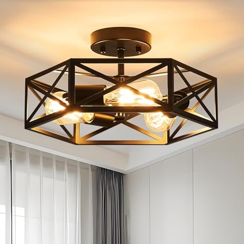 Modern Farmhouse Black Metal Semi Flush Mount Ceiling Light Fixture 14.6 in