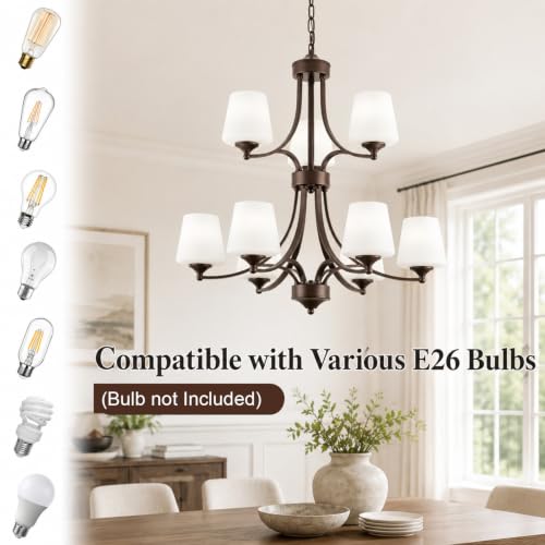 2 Tier Oil Rubbed Bronze Chandeliers 9 Light Large Modern Farmhouse Chandeliers for Dining Room Lights Fixture with Frosted Glass 47" Retro Chandeliers for Living Room Staircase